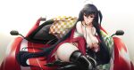  1girl absurdres ahoge arturaxia ass azur_lane between_legs bikini black_bikini black_hair black_legwear breasts car car_hood checkered_cloth choker deep_skin eyewear_on_head grabbing_own_breast gradient gradient_background ground_vehicle hand_between_legs highres huge_ass huge_breasts huge_filesize jacket lipstick long_hair looking_at_viewer makeup motor_vehicle no_shoes off-shoulder_jacket on_hood one_side_up parted_lips racecar racequeen red_eyes red_jacket red_vehicle side_mirror sitting solo sports_car sunglasses swimsuit taihou_(azur_lane) thigh-highs thighs tsurime vehicle_request very_long_hair yokozuwari 