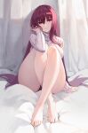  1girl absurdres barefoot black_panties breasts cha_hou fate/grand_order fate_(series) feet highres long_hair looking_at_viewer panties purple_hair red_eyes revision ribbed_sweater scathach_(fate)_(all) scathach_(fate/grand_order) simple_background sitting smile solo sweater toes turtleneck turtleneck_sweater underwear very_long_hair 