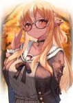  1girl absurdres adjusting_eyewear arm_up autumn_leaves blonde_hair blurry blurry_background braid breasts brown_neckwear brown_shirt character_name choker collarbone comic_lo copyright_name dark_skin dark-skinned_female elf glasses highres hololive huge_filesize inre_kemomimi large_breasts long_hair long_sleeves looking_at_viewer pointy_ears red_eyes ribbon sailor_collar shiranui_flare shirt sidelocks smile solo_focus tied_hair upper_body virtual_youtuber 