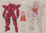  1girl beige_background brown_eyes brown_hair character_name character_sheet commentary_request horns kopaka_(karda_nui) looking_ahead mecha multiple_views open_hands original single_horn standing visor 