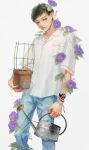  1boy black_hair blue_pants bracelet breast_pocket brown_eyes collared_shirt feet_out_of_frame flower highres holding holding_pot holding_watering_can jewelry leaf masuoka_chico mole mole_under_mouth morning_glory original pants plant pocket pot purple_flower shadow shirt short_hair short_sleeves simple_background solo vines watch watch watering_can white_background white_shirt 