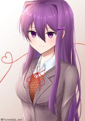  1girl absurdres bangs commentary doki_doki_literature_club eyebrows_visible_through_hair gradient gradient_background grey_jacket hair_between_eyes hair_ornament hairclip heart heart_of_string highres jacket long_hair looking_at_viewer purple_hair school_uniform sidelocks simple_background solo twitter_username upper_body violet_eyes wing_collar yureshiki_ssb yuri_(doki_doki_literature_club) 