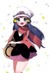  1girl :d bag bare_shoulders beanie blue_eyes blue_hair blurry blush breasts commentary_request cowboy_shot hikari_(pokemon) depth_of_field hat herunia_kokuoji highres long_hair looking_at_viewer medium_breasts open_mouth petals pink_skirt pokemon pokemon_(game) pokemon_dppt scarf shoulder_bag signature simple_background skirt sleeveless smile solo upper_teeth white_background white_headwear 