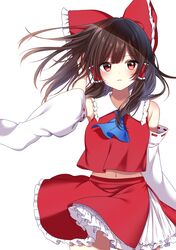  1girl arm_up ascot bangs bare_shoulders blue_neckwear blush bow brown_hair collared_shirt commentary cowboy_shot detached_sleeves eyebrows_visible_through_hair floating_hair frilled_bow frilled_shirt_collar frills hair_bow hair_tubes hair_tucking hakurei_reimu hand_in_hair highres long_sleeves looking_at_viewer medium_hair midriff_peek navel parted_lips petticoat red_bow red_eyes red_ribbon red_shirt red_skirt ribbon ribbon-trimmed_sleeves ribbon_trim shiki_(s1k1xxx) shirt side_slit sidelocks simple_background skirt skirt_lift skirt_set sleeveless sleeveless_shirt solo touhou underskirt white_background wide_sleeves wind 