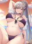  1girl azur_lane bangs bikini breasts breasts_apart butterfly_hair_ornament choker closed_mouth collarbone commentary_request dunkerque_(azur_lane) dunkerque_(summer_sucre)_(azur_lane) eyebrows_visible_through_hair grey_hair hair_ornament hairband highres large_breasts looking_at_viewer navel oserotto outdoors ponytail purple_bikini side-tie_bikini sidelocks sitting smile solo swimsuit twitter_username violet_eyes 