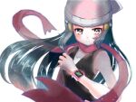  1girl bare_shoulders beanie black_hair blurry blush breasts closed_mouth hikari_(pokemon) depth_of_field frown grey_eyes hat holding holding_poke_ball light_particles long_hair looking_at_viewer poke_ball pokedex pokemon pokemon_(game) pokemon_dppt red_scarf rock_mani scarf sidelocks simple_background sleeveless small_breasts solo upper_body v-shaped_eyebrows very_long_hair white_background white_headwear 