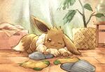  brown_eyes brown_fur closed_mouth commentary_request eevee gen_1_pokemon indoors looking_at_viewer lying matsuri_(matsuike) no_humans on_stomach one_eye_closed paws plant pokemon pokemon_(creature) potted_plant slippers slippers_removed smile socks socks_removed solo 