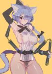  1girl ahoge animal_ears armpits black_bow black_gloves black_neckwear black_panties black_sash blue_hair bow bow_(bhp) bowtie breasts brown_eyes cat_ears cat_tail closed_mouth contrapposto cowboy_shot elbow_gloves fingerless_gloves gloves hair_bow hair_over_one_eye hand_up highleg highleg_panties large_breasts long_hair looking_at_viewer nunchaku one_eye_covered original panties sash sideboob simple_background single_elbow_glove solo tail underwear weapon yellow_background 