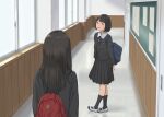  2girls arms_behind_back backpack bag black_hair bob_cut from_behind hallway indoors kyak_bamboo long_hair multiple_girls original school school_uniform short_hair shoulder_bag standing uniform 