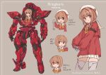  1girl android beige_background brown_eyes brown_hair character_name character_sheet commentary_request horns kopaka_(karda_nui) looking_ahead mecha multiple_views open_hands original robot single_horn standing translation_request visor 