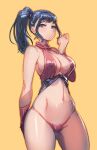 1girl bare_shoulders bikini black_eyes black_hair bow_(bhp) breasts closed_mouth cowboy_shot hand_up large_breasts long_hair looking_at_viewer navel original ponytail red_bikini simple_background solo swimsuit yellow_background 