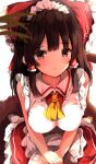  1girl alternate_costume apron ascot bare_arms bare_shoulders blurry blush bow breasts brown_eyes brown_hair closed_mouth commentary_request depth_of_field enmaided feet from_above frown furrowed_eyebrows hair_bow hair_tubes hakurei_reimu highres holding holding_tray hunya kneeling large_breasts long_hair looking_at_viewer maid maid_apron maid_headdress red_bow red_skirt sidelocks simple_background skirt socks solo touhou tray upper_body yellow_neckwear 