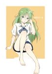  1girl barefoot blue_neckwear blue_skirt bow bowtie full_body green_eyes green_hair hair_ribbon highres higurashi_no_naku_koro_ni long_hair miniskirt parted_lips ribbon school_uniform shirt short_sleeves shosudo simple_background sitting skirt solo sonozaki_shion striped striped_neckwear toes white_shirt yellow_background 