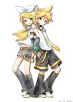  1boy 1girl arm_warmers bangs bare_shoulders bass_clef belt black_collar black_shorts blonde_hair blue_eyes bow collar commentary crop_top dated derivative_work foot_up grey_collar grey_legwear grey_shorts grey_sleeves hair_bow hair_ornament hairclip headphones headset kagamine_len kagamine_rin leg_warmers locked_arms looking_at_viewer midriff nail_polish neckerchief necktie open_mouth sailor_collar school_uniform shirt short_hair short_ponytail short_shorts short_sleeves shorts shoulder_tattoo signature sleeveless sleeveless_shirt sleeves_past_wrists smile spiky_hair standing sudachi_(calendar) swept_bangs tattoo treble_clef vocaloid vocaloid_boxart_pose white_background white_bow white_footwear white_shirt yellow_nails yellow_neckwear 