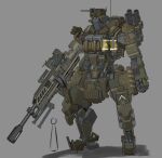  ak_ban22 ammunition_belt clenched_hand explosive grenade grey_background looking_down mecha military original science_fiction shoulder_cannon size_comparison solo_focus standing turret visor 