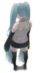  1girl aqua_eyes aqua_hair bare_shoulders black_legwear black_skirt black_sleeves boots detached_sleeves dripping from_above from_behind full_body glitch grey_shirt hatsune_miku ikura_(user_uuyj7743) long_hair miniskirt pleated_skirt shirt shoulder_tattoo skirt sleeveless sleeveless_shirt sleeves_past_fingers sleeves_past_wrists solo standing tattoo thigh-highs thigh_boots twintails very_long_hair vocaloid white_background zettai_ryouiki 