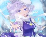  1girl blue_dress blue_eyes breasts commentary_request day diffraction_spikes dress floating_hair hat inuinui juliet_sleeves letty_whiterock light_purple_hair long_sleeves medium_breasts open_mouth outstretched_arm puffy_sleeves reaching_out rock scarf short_hair sky snow solo touhou upper_body white_headwear 