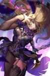  1girl black_nails blonde_hair bow bow_(weapon) brown_legwear chromatic_aberration closed_mouth eyepatch feathers fingernails fischl_(genshin_impact) frills garter_straps genshin_impact gloves green_eyes holding holding_bow_(weapon) holding_weapon james_ghio long_hair purple_bow purple_feathers signature single_glove solo thigh-highs twintails weapon 