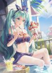  1girl :d aqua_hair blue_skirt cake clouds cup drinking_glass drinking_straw dutch_angle food green_eyes hair_ribbon hatsune_miku highres holding holding_spoon ice_cream long_hair midriff navel open_mouth outdoors ribbon sailor_collar sigi sitting skirt sky smile soaking_feet solo spoon sundae twintails very_long_hair vocaloid water 
