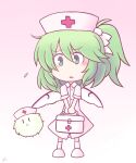  1girl 216 :&lt; :o alternate_costume blush bow chibi commentary_request daiyousei dress fairy_wings first_aid_kit floating flying_sweatdrops full_body gradient gradient_background green_eyes green_hair hair_bow hat kedama looking_at_viewer no_nose nurse nurse_cap pink_background pink_dress side_ponytail simple_background touhou wings |_| 