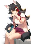  1girl angry_num animal_ear_fluff animal_ears artist_logo bangs black_hair bottle breasts cowboy_shot gym_shorts gym_uniform hand_up holding holding_bottle hololive large_breasts looking_to_the_side messy_hair multicolored_hair on_stairs ookami_mio red_shorts shorts sidelocks simple_background sitting solo stairs stone_stairs streaked_hair swept_bangs tail thighs two-tone_hair virtual_youtuber water_bottle white_background wiping_mouth wolf_ears wolf_tail 