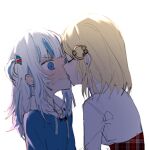  2girls blonde_hair blue_eyes blue_hair blue_hoodie blush closed_eyes closed_mouth collared_shirt commentary embarrassed english_commentary enot face-to-face gawr_gura hair_ornament high-waist_skirt hololive hololive_english hood hoodie kiss long_hair looking_at_another medium_hair multicolored_hair multiple_girls plaid plaid_skirt red_skirt shark_hair_ornament shirt short_twintails silver_hair simple_background skirt streaked_hair sweatdrop tongue tongue_out twintails two-tone_hair upper_body virtual_youtuber watson_amelia wavy_mouth white_background white_shirt yuri 