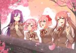 4girls :d absurdres bangs blue_eyes bow brown_hair cherry_blossoms commentary crossed_arms doki_doki_literature_club english_commentary gomi_(gomiko_art) green_eyes grey_jacket hair_between_eyes hair_bow hair_ornament hair_ribbon hairclip hand_on_own_chest hand_up highres jacket long_hair long_sleeves looking_at_viewer looking_away monika_(doki_doki_literature_club) multiple_girls natsuki_(doki_doki_literature_club) neck_ribbon one_eye_closed open_mouth petals pink_eyes pink_hair ponytail purple_hair red_bow red_neckwear red_ribbon ribbon sayori_(doki_doki_literature_club) school_uniform short_hair sidelocks smile swept_bangs tree two_side_up very_long_hair violet_eyes white_ribbon yuri_(doki_doki_literature_club) 