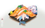  1girl animal_costume animal_hood bangs bare_legs barefoot bloop_(gawr_gura) blue_eyes blue_hair blue_hoodie blunt_bangs carrot chaki_(teasets) chibi commentary_request eating fish fish_tail food gawr_gura hair_ornament highres holding holding_food hololive hololive_english hood hoodie in_food leaf looking_at_viewer lying minigirl multicolored_hair open_mouth plate rice shark_costume shark_girl shark_hair_ornament shark_hood shark_print shark_tail sharp_teeth silver_hair sleeves_past_wrists solo streaked_hair sushi tail teeth two_side_up 