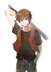  1boy baseball_bat belt black_shirt blue_eyes brown_hair closed_mouth cowboy_shot hand_in_pocket highres higurashi_no_naku_koro_ni maebara_keiichi male_focus pants red_vest shirt short_sleeves shosudo simple_background solo standing vest white_background 