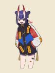  1girl alternate_costume bangs double_bun fate/grand_order fate_(series) hands_in_pockets highres horns jacket kisaragi_yuu_(fallen_sky) looking_at_viewer oni oni_horns open_mouth print_jacket purple_hair red_horns short_eyebrows short_hair shuten_douji_(fate/grand_order) sidelocks signature simple_background skin-covered_horns smile solo tan_background tassel violet_eyes 
