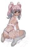  1girl ass black_eyes blush bow_(bhp) bright_pupils dark_skin dark-skinned_female dress from_behind grey_legwear highleg highleg_panties leaning_forward looking_at_viewer looking_back panties pink_pupils purple_hair see-through_dress simple_background solo thigh-highs thong twintails underwear white_background 