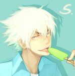  1boy aqua_background blue_eyes copyright_request face fingernails food hair_between_eyes holding holding_food licking lossehelin male_focus popsicle shadow signature simple_background solo spiky_hair tongue tongue_out upper_body white_hair 