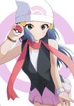  1girl absurdres aftamc bare_shoulders beanie black_vest blue_eyes blue_hair blush bracelet breasts closed_mouth cowboy_shot hikari_(pokemon) dutch_angle fingernails hand_up hat highres holding holding_poke_ball jewelry leaning_forward long_hair pink_skirt poke_ball pokemon pokemon_(game) pokemon_dppt red_scarf scarf sidelocks simple_background skirt sleeveless small_breasts smile solo standing v-shaped_eyebrows vest white_background white_headwear 