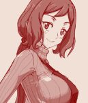  1girl apron bangs beige_background breasts from_side gundam gundam_build_fighters iori_rinko large_breasts long_hair looking_at_viewer lowres monochrome pochiiru_(uowou) ponytail ribbed_sweater short_bangs smile solo sweater tied_hair turtleneck turtleneck_sweater 