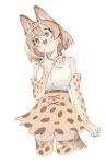  1girl animal_ears belt blonde_hair blush bow bowtie breasts brown_eyes cropped_legs elbow_gloves gloves hair_between_eyes highres index_finger_raised kemono_friends kona_ming large_breasts open_mouth print_bow print_gloves print_legwear print_neckwear serval_(kemono_friends) serval_ears serval_print serval_tail shirt shirt_tucked_in short_hair simple_background smile solo tail thigh-highs white_background white_shirt yellow_eyes 