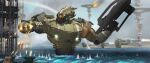  clenched_hand decal fire firing gun highres holding holding_gun holding_weapon looking_down mecha no_humans ocean original pyraker science_fiction shell_casing solo_focus turret visor waves weapon 