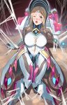  1girl agate_(xenoblade) blonde_hair blue_eyes blush breasts chest_jewel hat highres large_breasts medium_hair negresco one_eye_closed open_mouth silk solo spider_web sticky trapped xenoblade_chronicles_(series) xenoblade_chronicles_2 