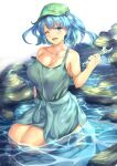  1girl bare_shoulders barefoot blue_eyes blue_hair blush breasts clothes_around_waist collarbone green_headwear hair_bobbles hair_ornament head_tilt highres holding holding_wrench jacket jacket_around_waist kawashiro_nitori kneeling large_breasts looking_at_viewer mirufui off_shoulder one_eye_closed partially_submerged river short_hair solo strap_slip tank_top touhou two_side_up water wet wrench 