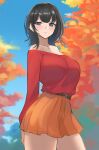  1girl autumn_leaves bangs bare_shoulders belt black_hair blue_eyes blue_sky blush breasts cowboy_shot highres large_breasts long_hair off-shoulder_shirt off_shoulder orange_skirt original outdoors pleated_skirt red_shirt renzu_(lens_02) shirt skirt sky solo 