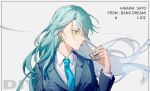  1girl aqua_hair bang_dream! character_name cigarette floating_hair formal from_side green_eyes grey_background highres lighter long_hair solo suit walluka 
