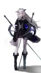 1girl animal_ear_fluff animal_ears arknights bare_legs black_coat black_jacket black_nails black_shorts blood blood_on_face boots coat green_eyes grey_eyes hair_ornament hairclip highres holding holding_sword holding_weapon jacket lappland_(arknights) lappland_(refined_horrormare)_(arknights) long_hair mackia planted_sword planted_weapon scar scar_across_eye shorts silver_hair strapless sword tail tubetop weapon wolf_ears wolf_tail