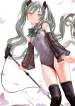  1girl black_legwear blue_eyes blue_hair commentary detached_sleeves expressionless fkey flying_paper hair_ornament hatsune_miku head_tilt highres holding holding_microphone_stand leotard looking_at_viewer microphone microphone_stand paper ribbon see-through_sleeves simple_background solo tattoo thigh-highs twintails vocaloid 