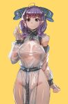  1girl bare_shoulders bow_(bhp) breasts bridal_gauntlets closed_mouth cowboy_shot elbow_gloves eyebrows_visible_through_hair gloves hand_up horns large_breasts looking_at_viewer medium_hair original pelvic_curtain pointy_ears purple_hair red_eyes sash see-through see-through_dress simple_background solo standing yellow_background 