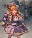  1girl :d blonde_hair blush bow bow_(bhp) bowtie chain cuffs drooling drunk gourd hair_bow hand_on_hip horn_bow horns ibuki_suika long_hair looking_at_viewer monster open_mouth purple_skirt red_bow red_eyes red_neckwear short_sleeves skirt smile solo standing touhou 