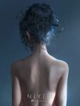  1girl artist_name back blue_hair facing_away from_behind hair_bun highres nixeu nude original shoulder_blades sidelighting solo upper_body 