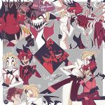 2boys alastor_(hazbin_hotel) blonde_hair blood bow bowtie colored_sclera demon evil_grin evil_smile formal grin hair_horns hand_on_another&#039;s_face hat hazbin_hotel heterochromia kyo5247386 lucifer_(hazbin_hotel) monocle multicolored_hair multiple_boys multiple_views pink_hair pinstripe_suit red_eyes red_sclera sharp_teeth smile striped suit teeth tentacles top_hat two-tone_hair white_hat white_skin white_top_hat yellow_sclera