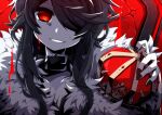  1girl aosaki_yato backlighting belt_collar black_nails blood blood_drip coat collar commentary crown fur-trimmed_coat fur_trim grin highres holding_crown king_(vocaloid) limited_palette original red_background red_eyes slit_pupils smile solo throne upper_body vocaloid 
