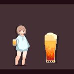  1girl alcohol animated animated_gif aqua_sweater bare_legs barefoot beer beer_mug brown_background brown_eyes brown_hair cup drawstring glitch jumping long_sleeves looping_animation lowres mug original pixel_art short_hair simple_background solo sotie speech_bubble 