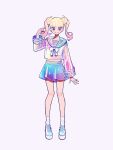  1girl arm_up bangs blonde_hair blunt_bangs full_body gradient_hair highres iridescent kisaragi_yuu_(fallen_sky) long_sleeves midriff multicolored_hair navel original parted_lips pink_hair sailor_collar see-through_shirt see-through_skirt shoes shorts signature simple_background skirt smile socks solo standing tank_top twintails violet_eyes white_background white_shorts white_tank_top 