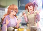  2girls apron breakfast brown_hair closed_eyes food hair_ornament hairclip konoe_haruka konoe_kanata long_hair long_sleeves love_live! love_live!_nijigasaki_high_school_idol_club multiple_girls open_mouth pajamas shamakho siblings sisters smile twintails violet_eyes 